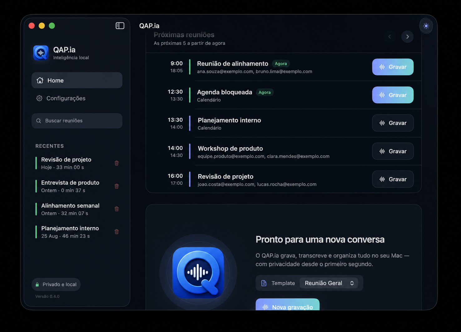 Tela de agenda e gravações do QAP.ia com dados fictícios
